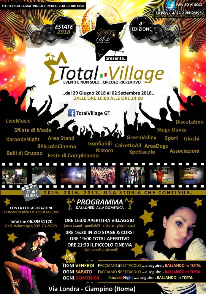 Total Village dal 29 Giugno al 2 settembre 2018 a Ciampino (Rm)